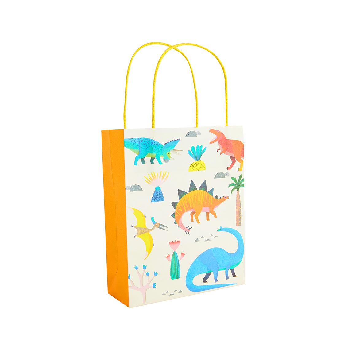 Papiertüte, Geschenkverpackung, Dinospielzeug, Dino-Druck, Gelbe Griffe