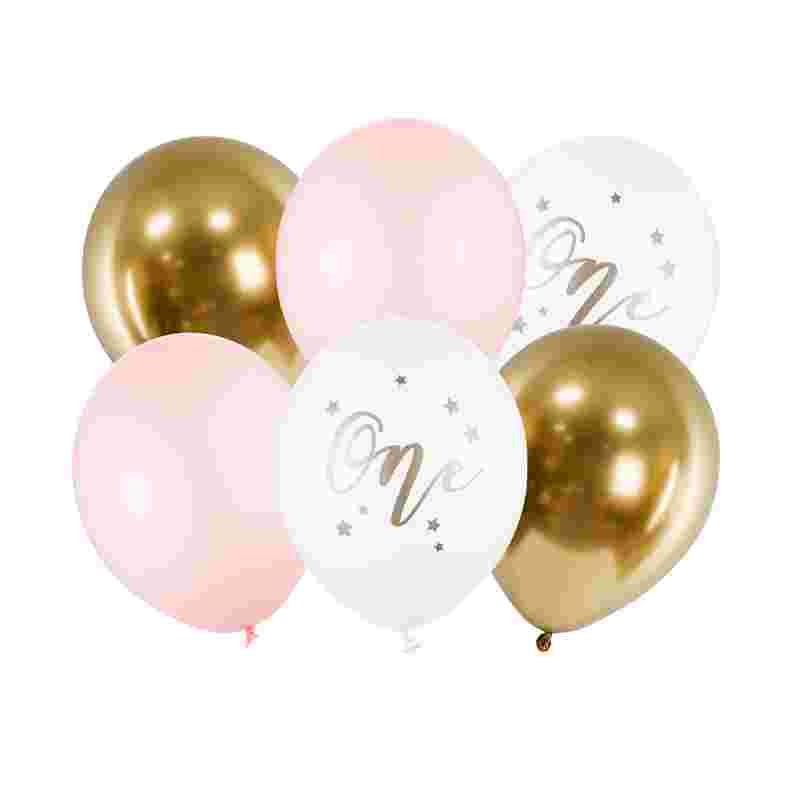 Luftballons 1. Geburtstag Gold & Pink, 6 Stk.