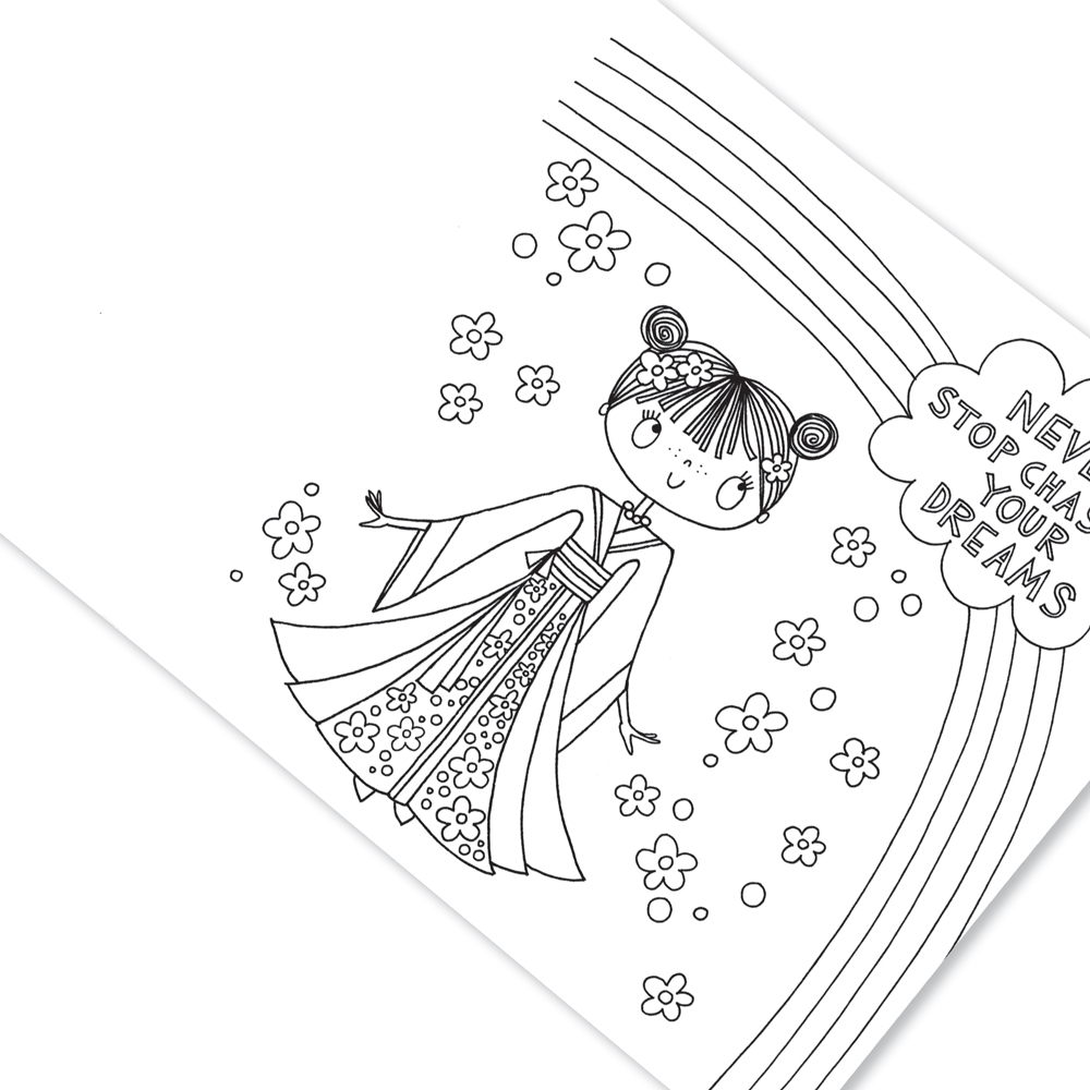 Mädchen-Illustration, Kimono, Blumenmuster, Regenbogen, Motiv zum Ausmalen