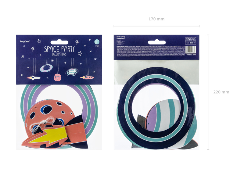 space party, decorations, ring, hanging decor, cake topper