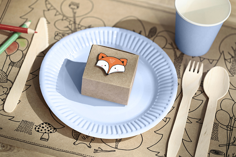 Kinder-Set, Papierbox, Fox-Logo, Papierstroh, Einweggeschirr