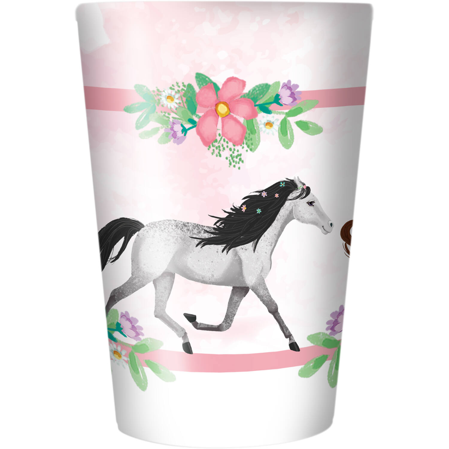 Pappbecher, Hengst, Pferdemotiv, Blumenband, rosa Hintergrund