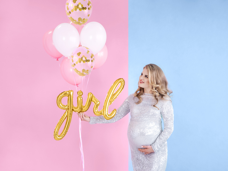 balloons, balloon decor, girl, pregnant, sequined dress