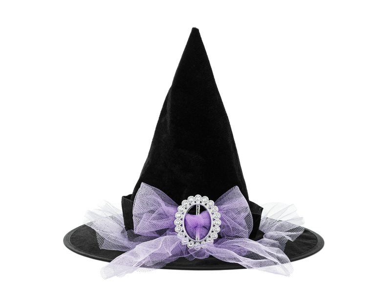 witch hat, pointed hat, black hat, tulle decoration, purple gem