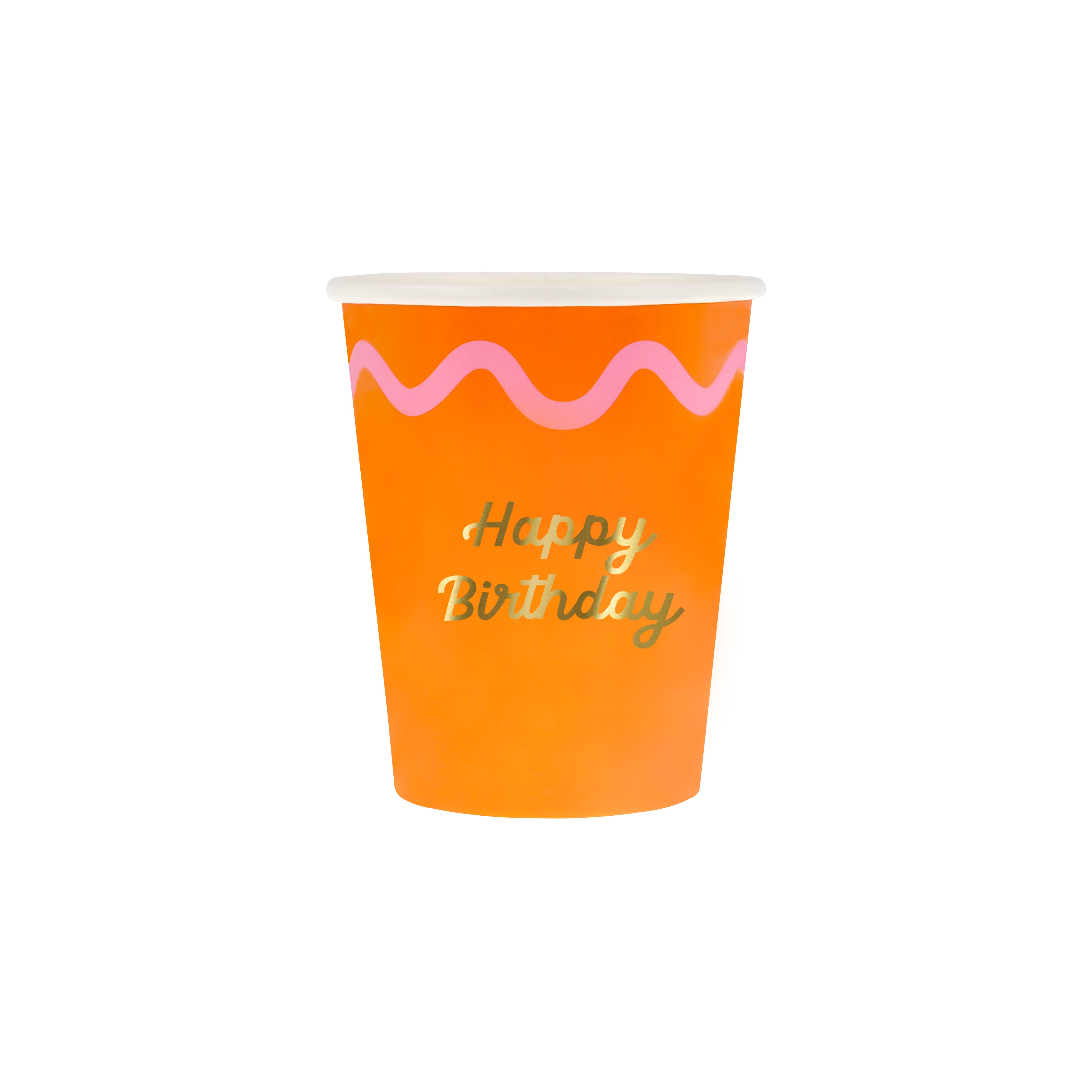 birthday cup, orange cup, well?, wave pattern, gold text, party decorate