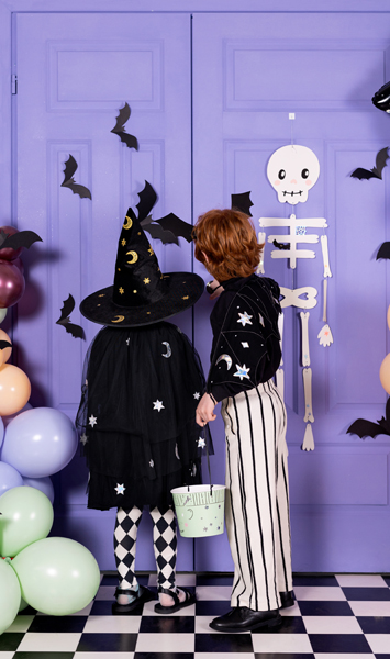 Halloween, Witch costume, Skeleton decoration, Purple background, Balloon decor