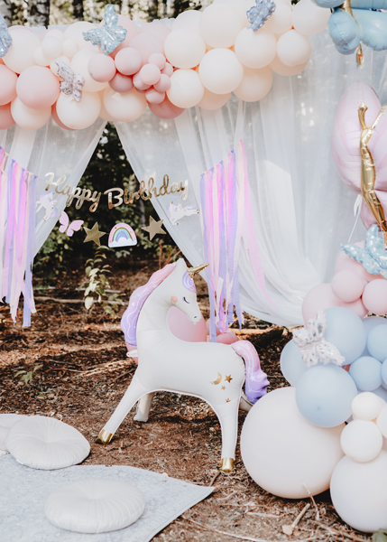 unicorn, balloon arch, birthday decor, space for flags, white unicorn