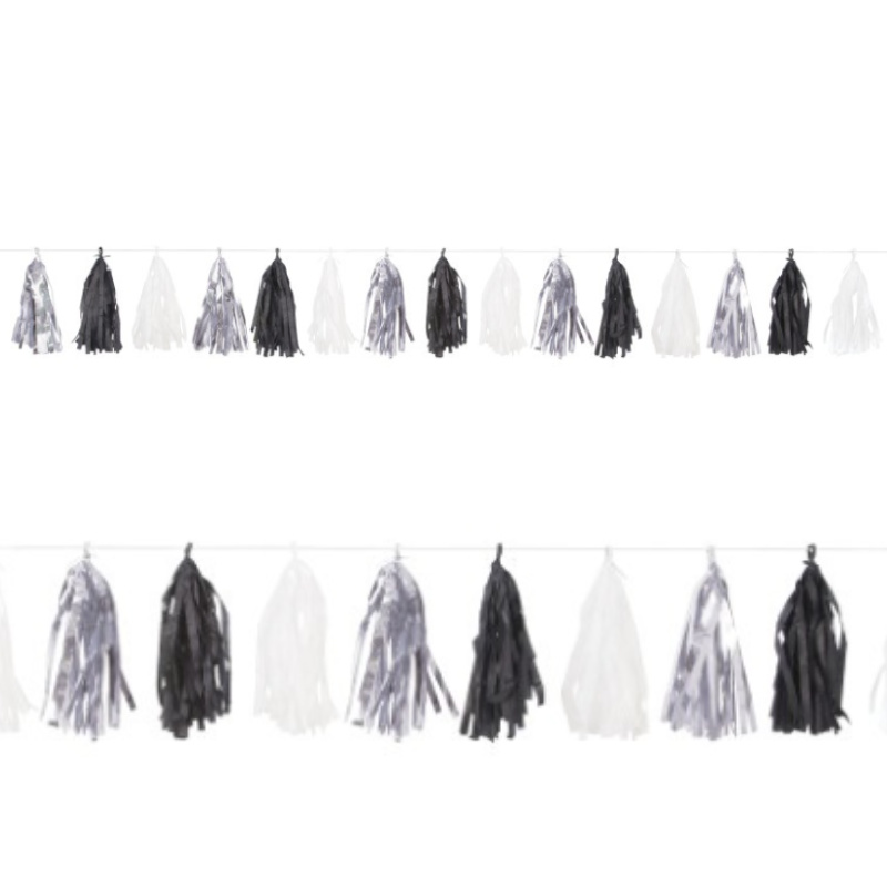 Tassel-Girlande Schwarz / Silber / Weiss