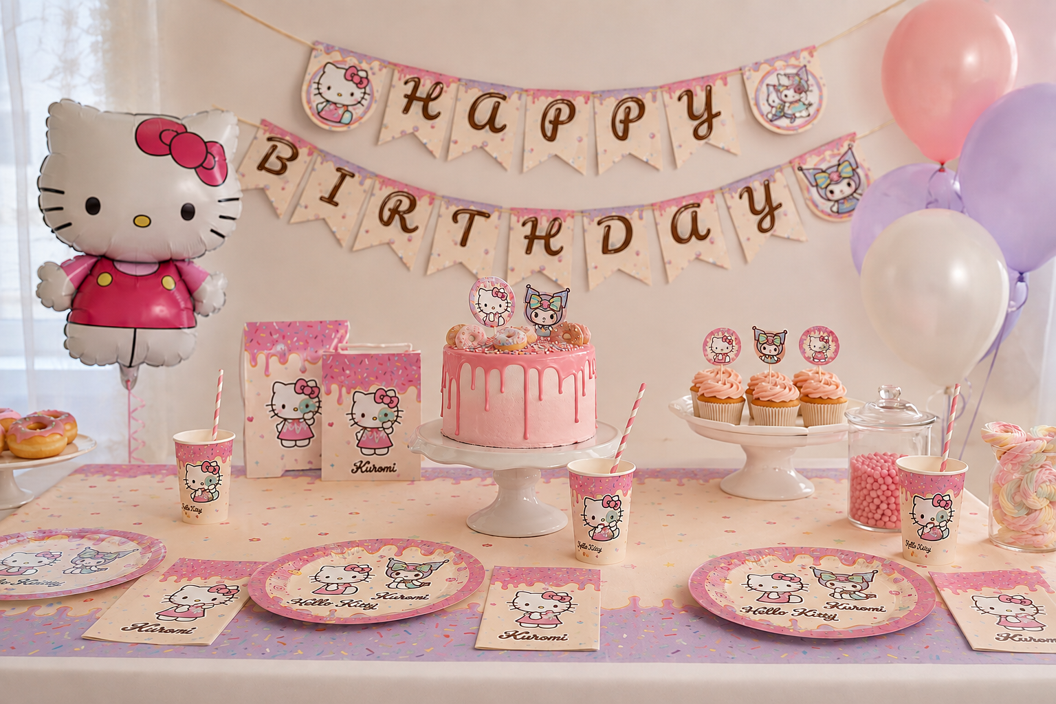 Hello Kitty, Pink Cake, Eistropf, Luftballons, Party-Deko