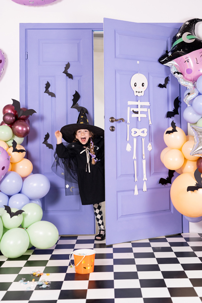 Halloween, Witch costume, Door decor, Balloon arch, Checkered floor