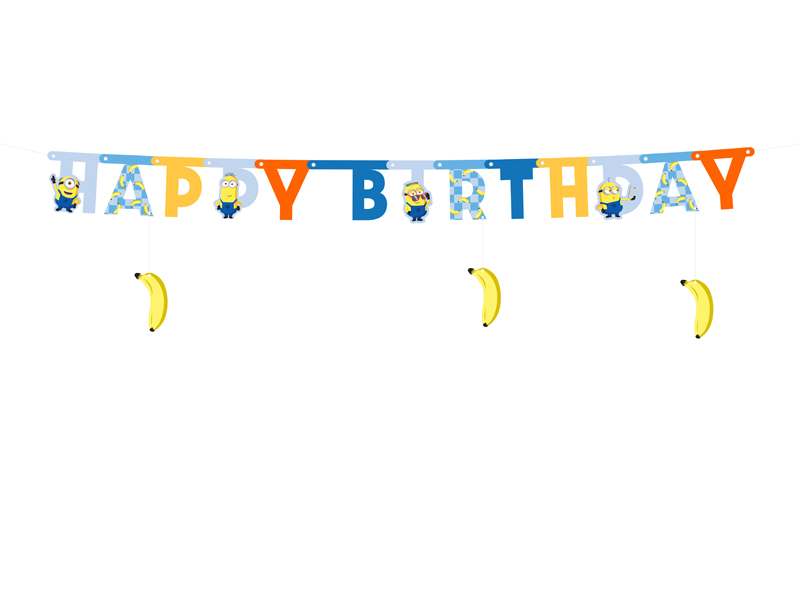 geburtstagsschmuck, banner, minion, bananenschnur, deko