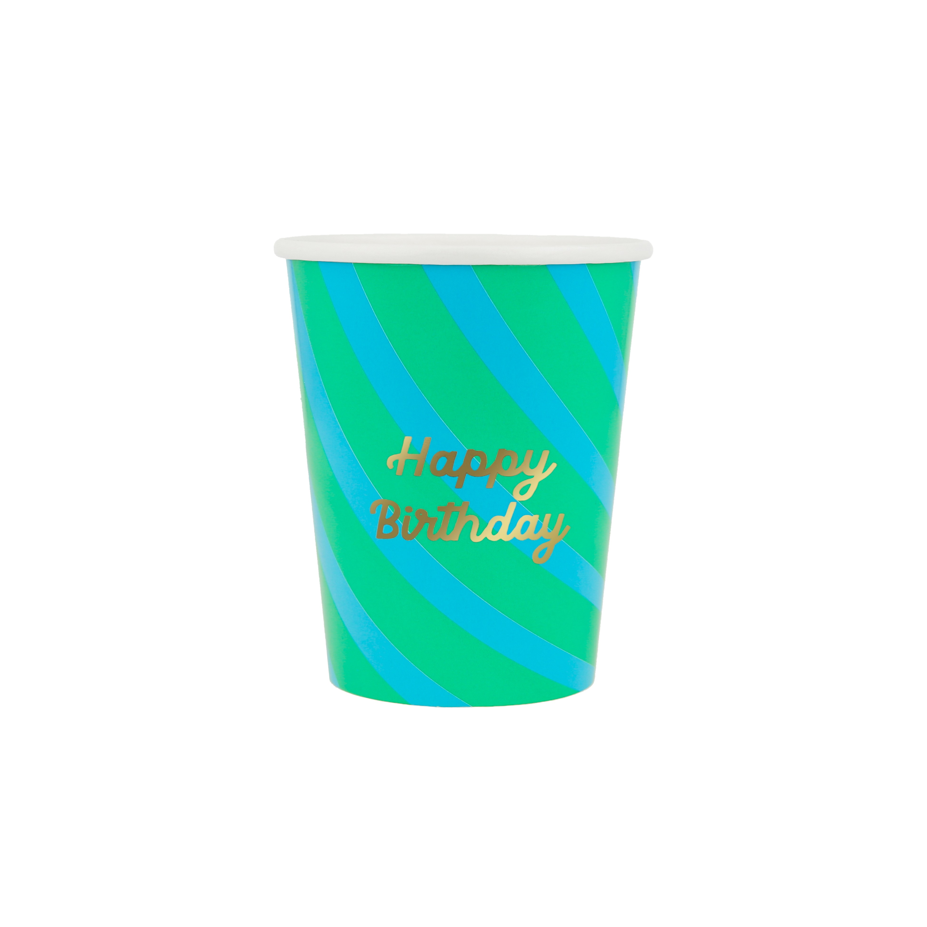 Becher, Papierbecher, Happy Birthday, Streifenmuster, Grünblau
