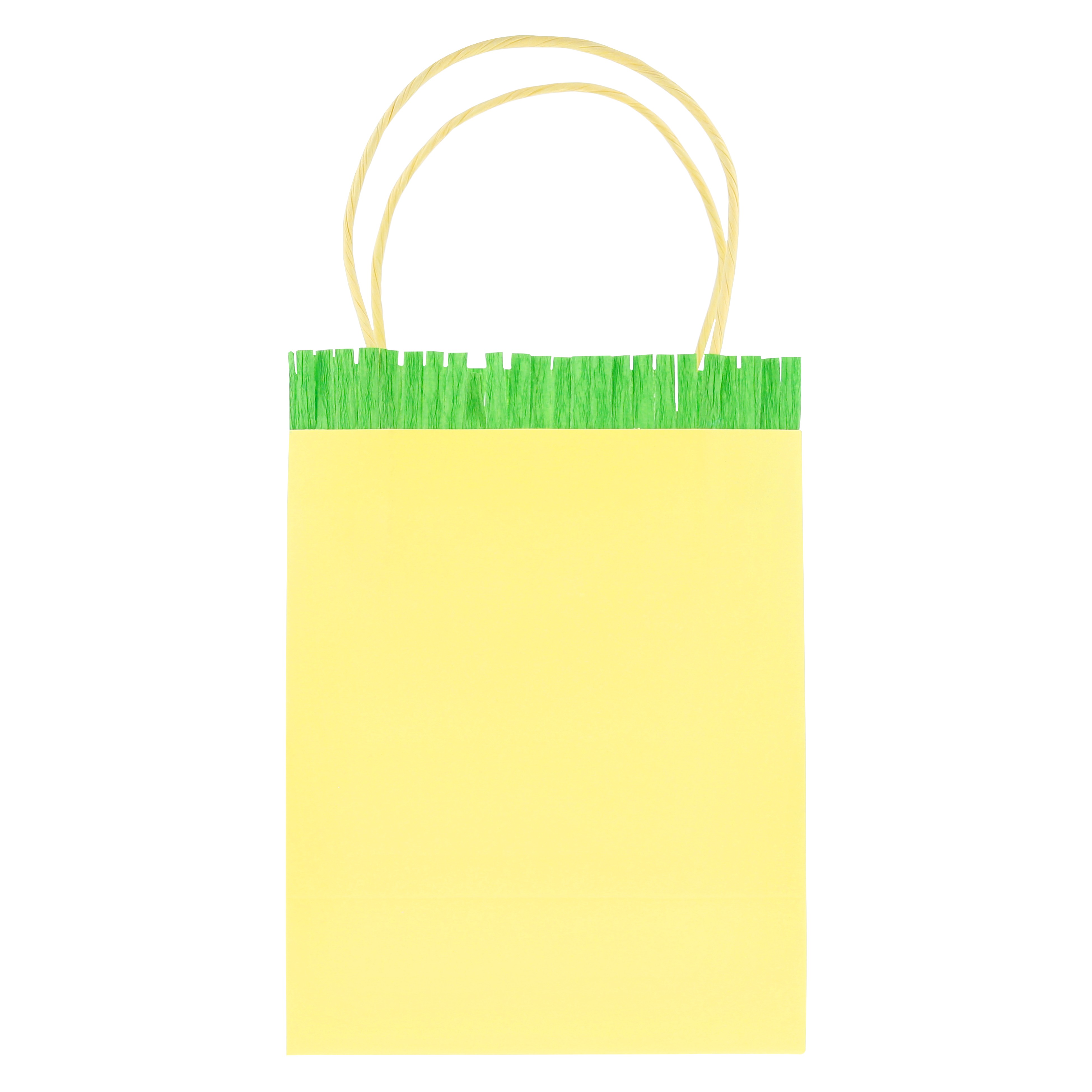 kleines geschenktüte, papiertüte, gelb, grünrand, kordelgriff