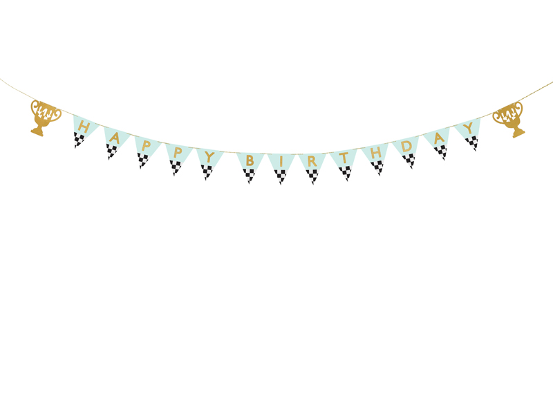 birthday banner, flag bunting, tassel banner, gold accents, blue triangles