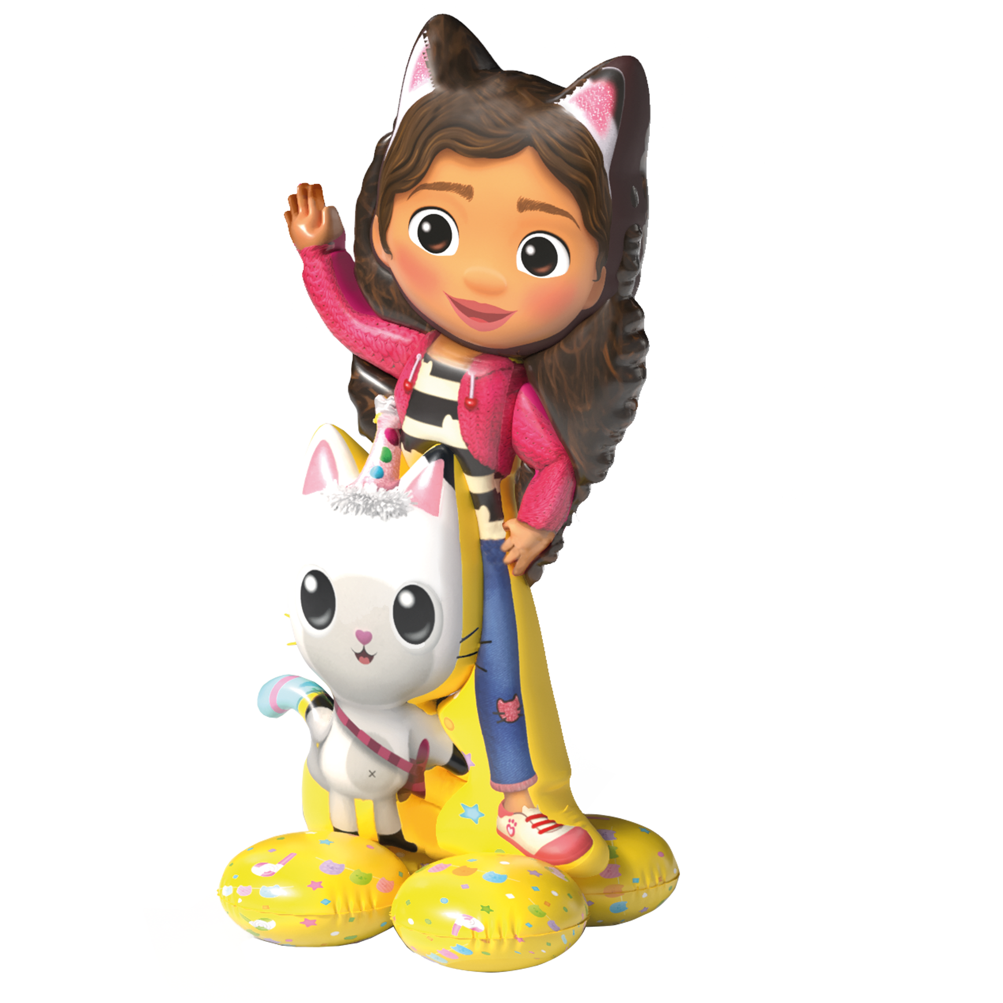 Figur, Ballonfigur, Mädchen mit Katzenohren, weiße Katze, gelber Sockel