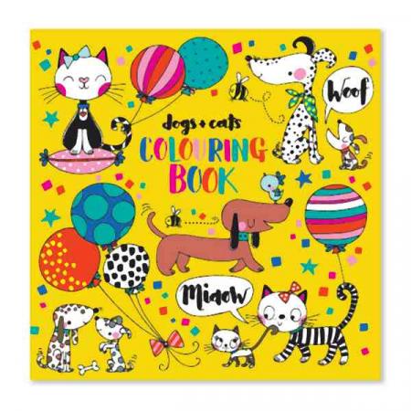 coloring book, dogs, cats, balloons, yellow background