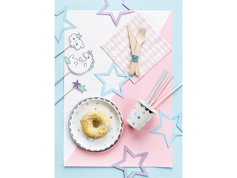 Donut, Streusel, Teller, Becher, Strohhalme