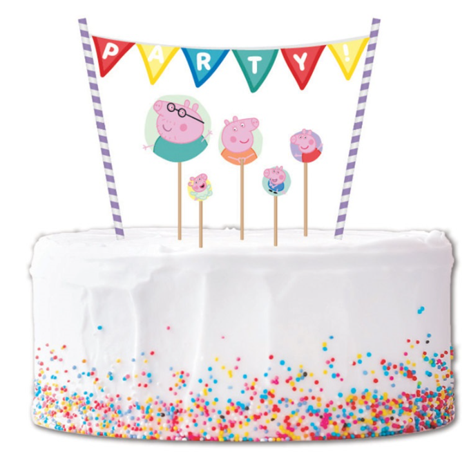 party cake, white cake, glitter sprinkles, peppa pig, cake topper