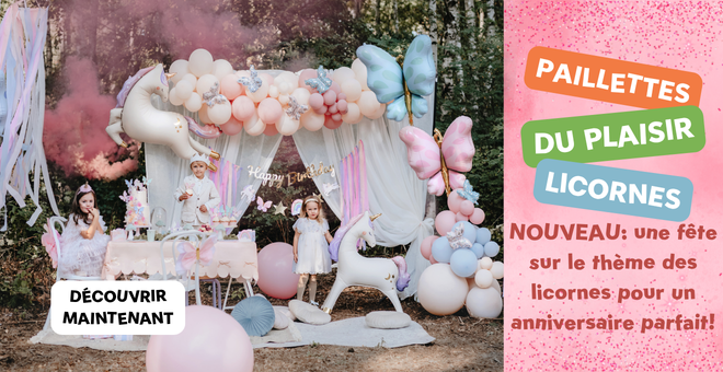party setup, balloon arch, unicorn decor, pink pastel, children party