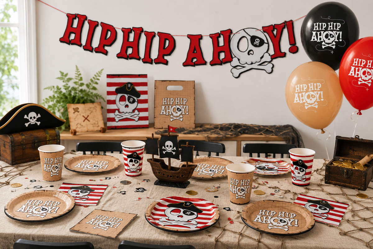 Pirate, Piratenparty, Tischdeko, Papierbecher, Ballons