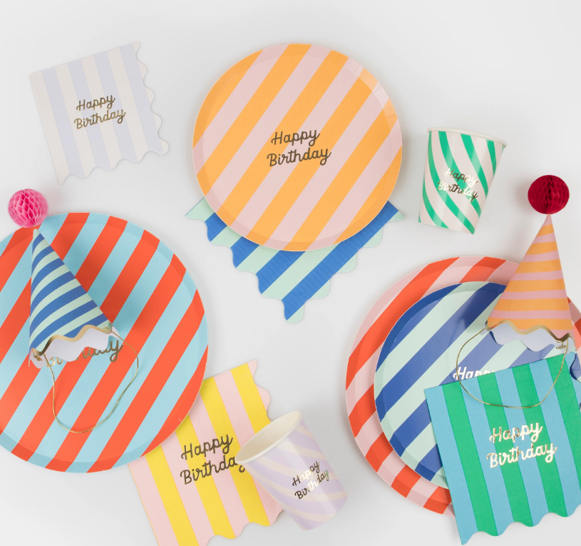 birthday, party, paper plates, cups, striped pattern