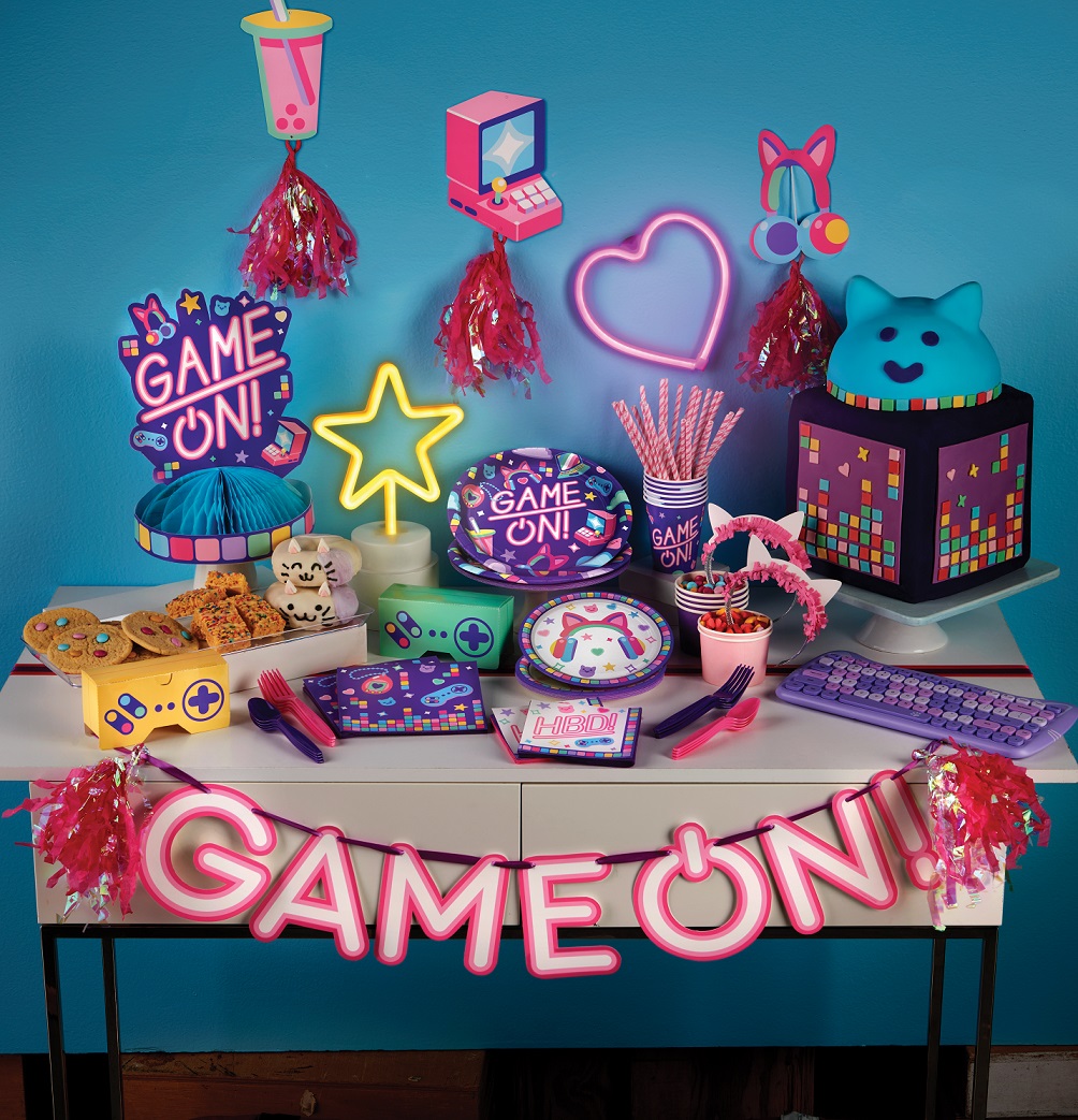Gaming-Party, Neon-Deko, Kinder-Tisch, Kuchen-Dekoration, Cupcake-Snacks