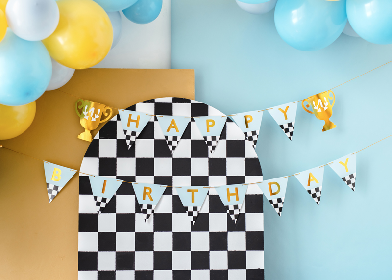 Kuchenplatte, Checkered Muster, Geburtstagsdeko, Luftballons, Banner