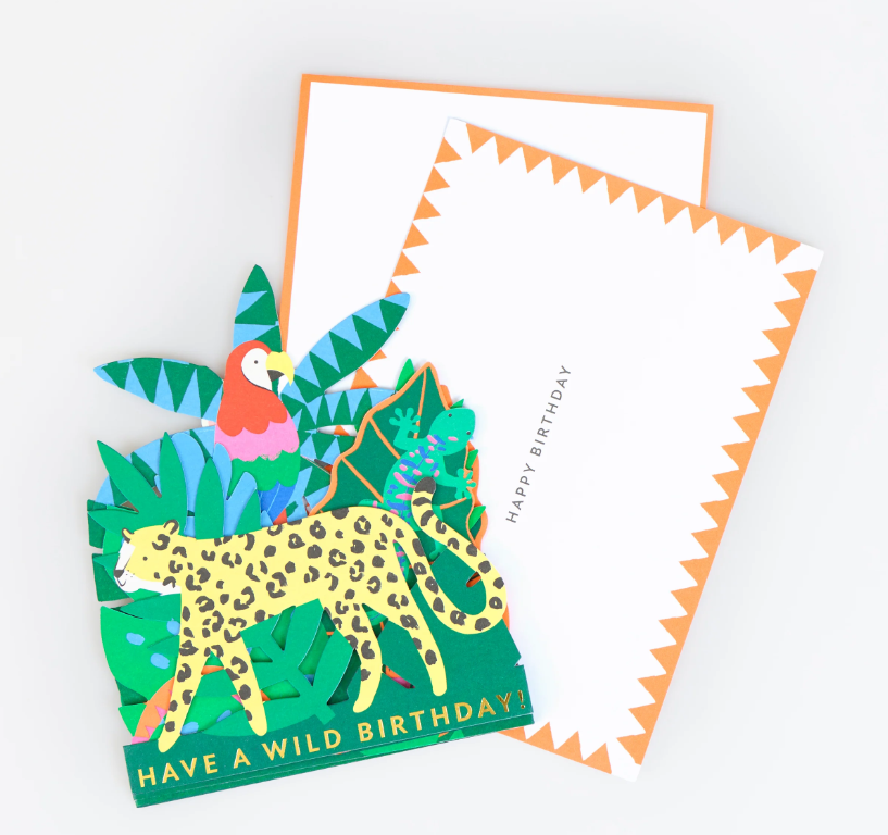 Pop-up Karte, Geburtstagskarte, Dschungeltiere, Leopardmuster, Have a wild Birthday