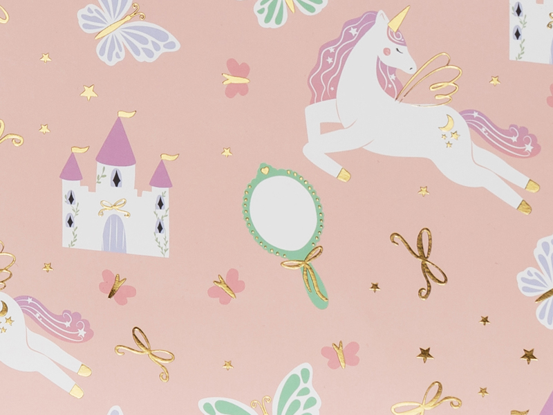 unicorn pattern, pink background, castle, mirror, gold accents