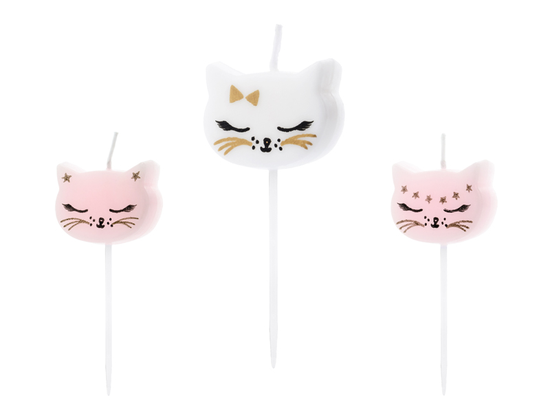 Katzenkopf-Deckel, Kerzenstecker, Samtig rosa, Weißer Katzenkopf, Kerzen-Dekoration