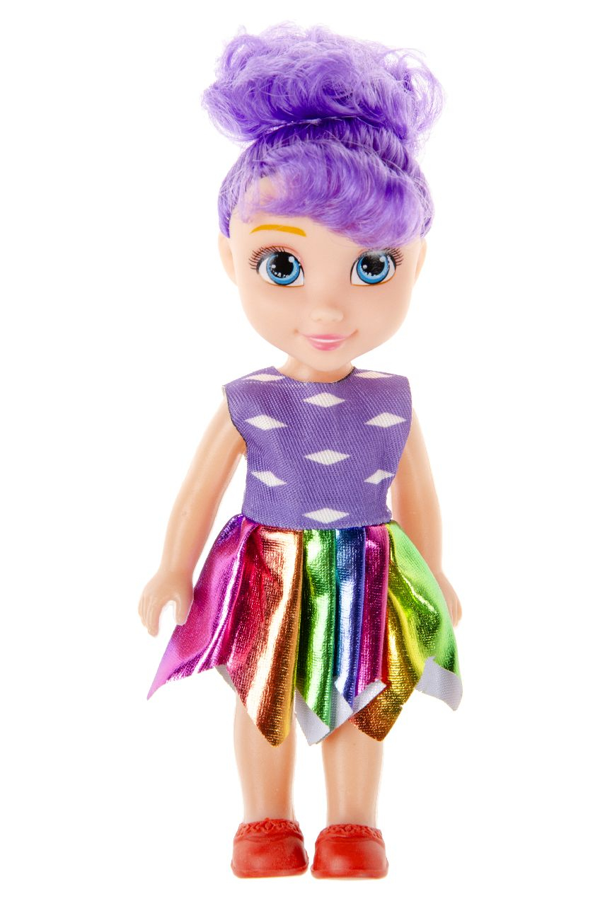 Puppe, lila Haare, Regenbogenrock, Glitzerrock, Musteroberteil