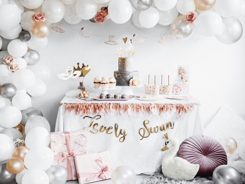 balloons, party decor, cake, dessert table, swan