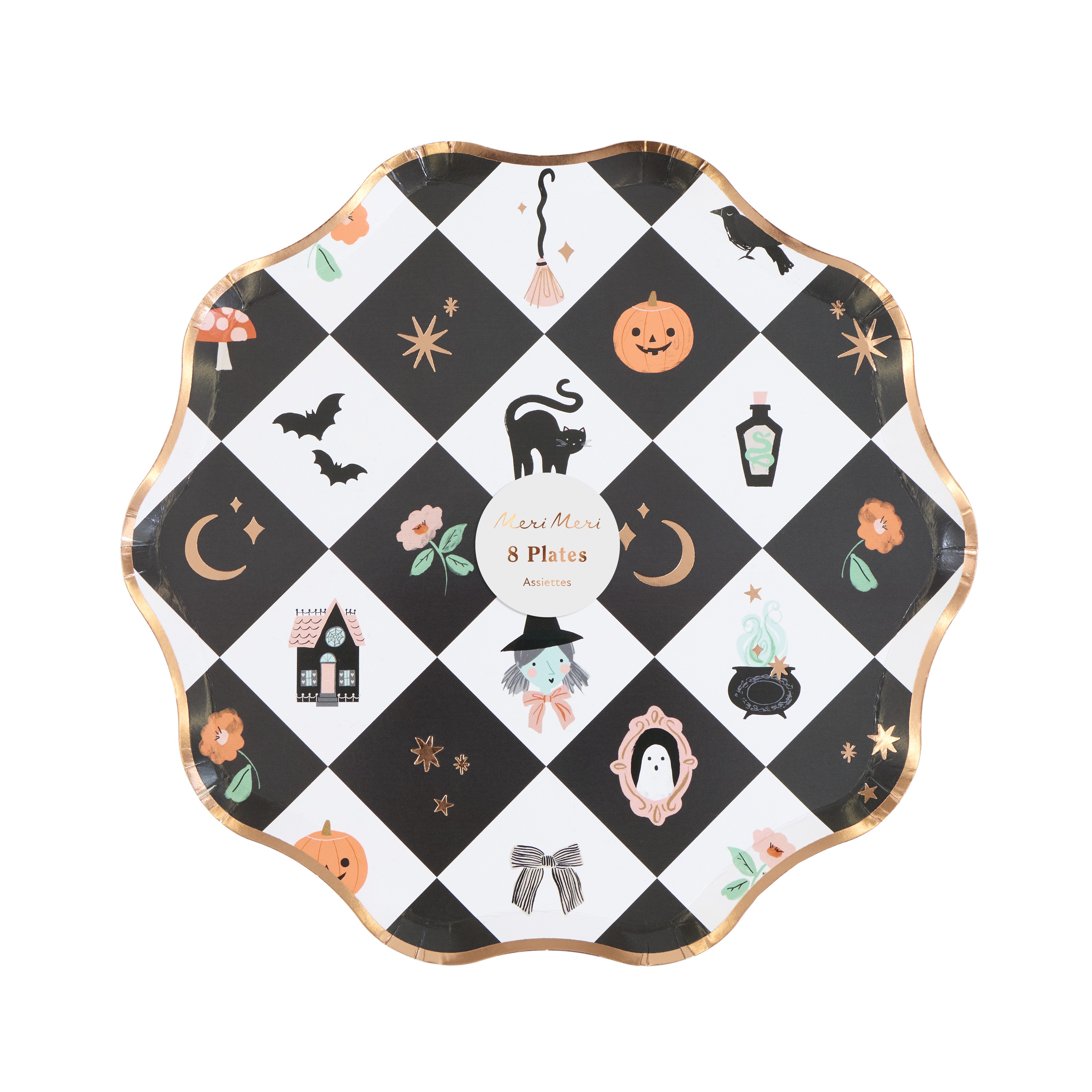 Halloween, Teller, Schachbrettmuster, schwarz-weiß, goldener rand
