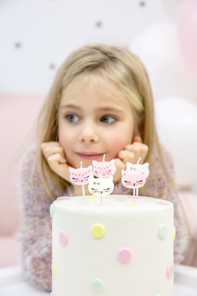 girl, cake, party, candles, cat toppers