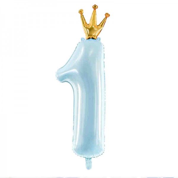Folienballon Zahl 1 babyblau mit Krone