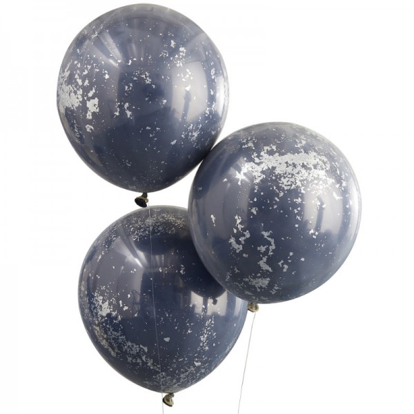Luftballons Doppel Navy und Silber, 3 Stk.