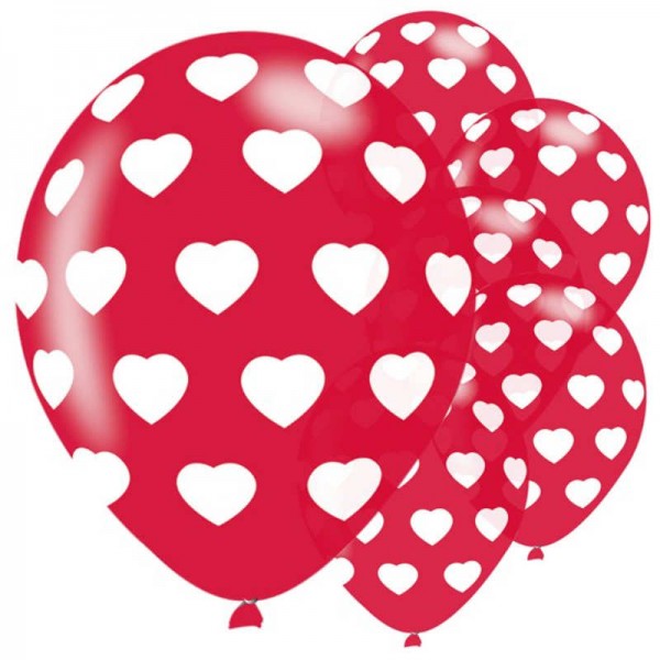 Luftballons rot mit weissen Herzen, 6 Stk.