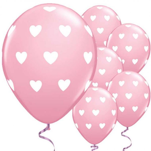 Luftballons rosa mit weissen Herzen, 6 Stk.