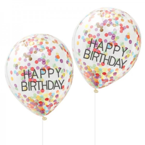 Ballons de confettis "Happy Birthday" coloré, 5 pcs.
